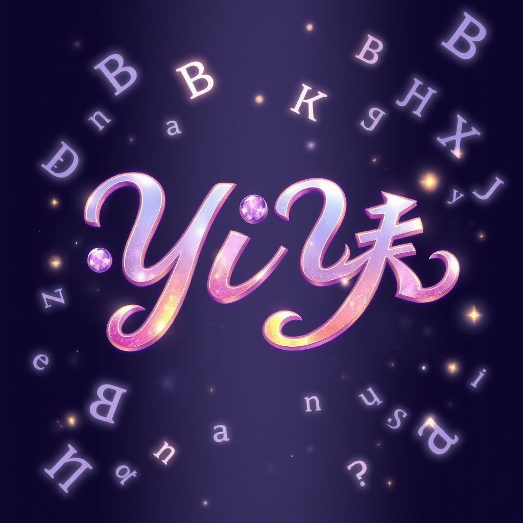 A typographical logo for 'YiYi' designed in a fantasy-inspired style, featuring flowing, elegant script letters adorned with shimmering gradients of lavender, silver, and gold