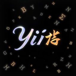 A typographical logo for 'YiYi' designed in a fantasy-inspired style, featuring flowing, elegant script letters adorned with shimmering gradients of lavender, silver, and gold