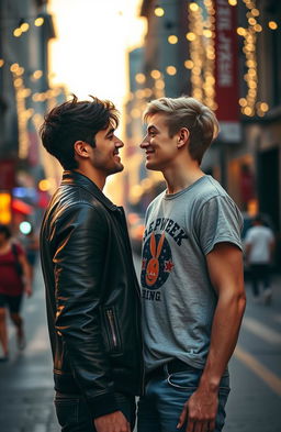 A romantic scene depicting two handsome young men in love, one with dark hair and a charming smile, wearing a stylish leather jacket, the other with sandy blonde hair and a playful expression, dressed casually in a trendy graphic tee and jeans