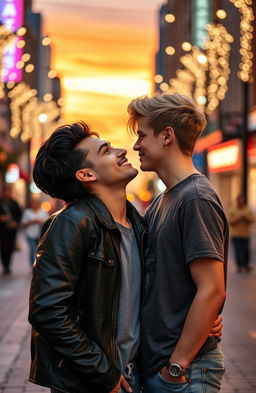 A romantic scene depicting two handsome young men in love, one with dark hair and a charming smile, wearing a stylish leather jacket, the other with sandy blonde hair and a playful expression, dressed casually in a trendy graphic tee and jeans