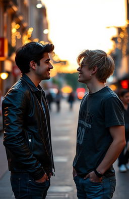 A romantic scene depicting two handsome young men in love, one with dark hair and a charming smile, wearing a stylish leather jacket, the other with sandy blonde hair and a playful expression, dressed casually in a trendy graphic tee and jeans