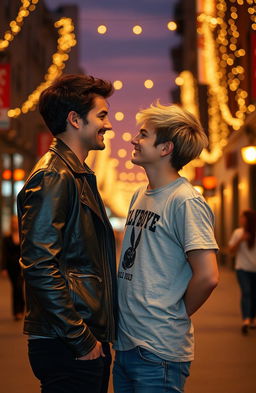 A romantic scene depicting two handsome young men in love, one with dark hair and a charming smile, wearing a stylish leather jacket, the other with sandy blonde hair and a playful expression, dressed casually in a trendy graphic tee and jeans