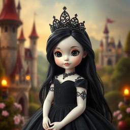 A small white princess with long black hair, wearing a stunning black dress adorned with intricate details