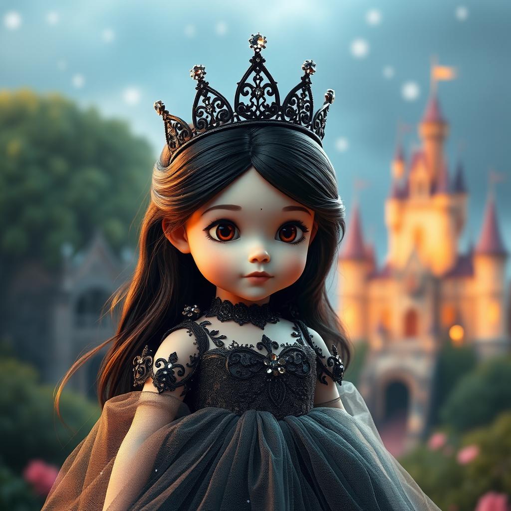 A small white princess with long black hair, wearing a stunning black dress adorned with intricate details