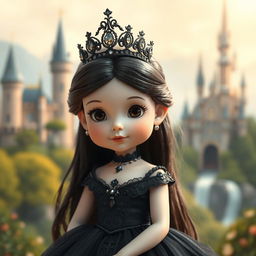 A small white princess with long black hair, wearing a stunning black dress adorned with intricate details