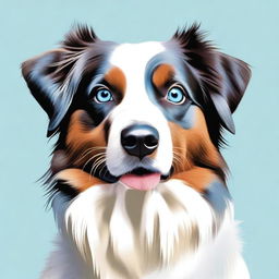 This is a high-quality digital art image of an Australian Shepherd dog with striking blue eyes