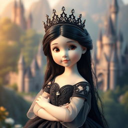 A small white princess with long black hair, wearing a stunning black dress adorned with intricate details