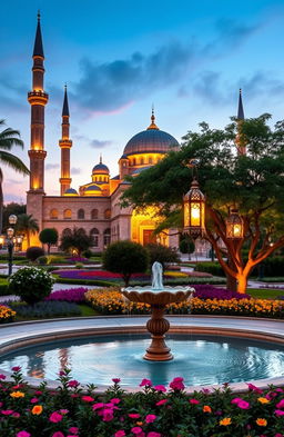 A serene and beautiful Islamic landscape featuring a grand mosque with intricate architectural details, surrounded by lush gardens and vibrant flowers