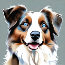 This is a high-quality digital art image of an Australian Shepherd dog with striking blue eyes