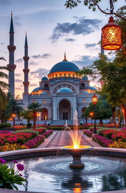 A serene and beautiful Islamic landscape featuring a grand mosque with intricate architectural details, surrounded by lush gardens and vibrant flowers