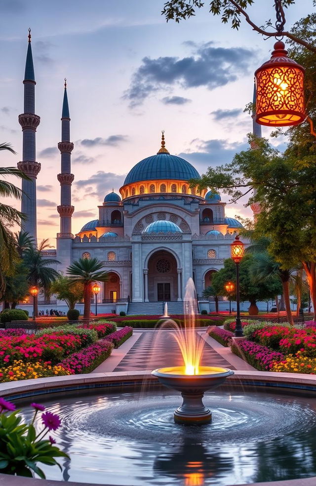 A serene and beautiful Islamic landscape featuring a grand mosque with intricate architectural details, surrounded by lush gardens and vibrant flowers