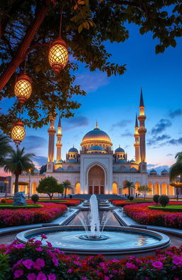 A serene and beautiful Islamic landscape featuring a grand mosque with intricate architectural details, surrounded by lush gardens and vibrant flowers