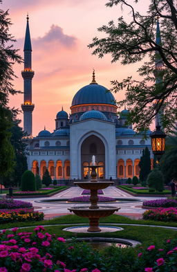 A serene and beautiful Islamic landscape featuring a grand mosque with intricate architectural details, surrounded by lush gardens and vibrant flowers
