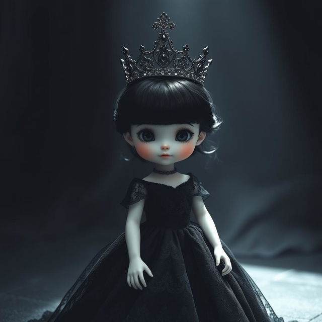 A small white princess with black hair, black eyes, and dressed in a black gown adorned with intricate lace details