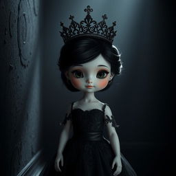 A small white princess with black hair, black eyes, and dressed in a black gown adorned with intricate lace details