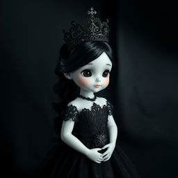 A small white princess with black hair, black eyes, and dressed in a black gown adorned with intricate lace details