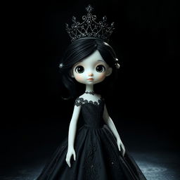A small white princess with black hair, black eyes, and dressed in a black gown adorned with intricate lace details