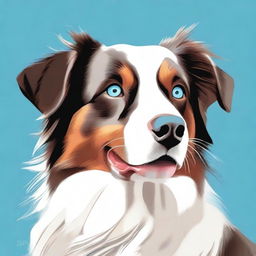 This is a high-quality digital art image of an Australian Shepherd dog with striking blue eyes