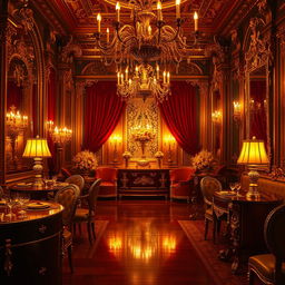 A stunning, luxurious scene where every element that was originally red has been beautifully replaced with a rich gold color