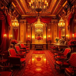 A stunning, luxurious scene where every element that was originally red has been beautifully replaced with a rich gold color