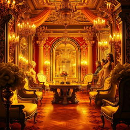 A stunning, luxurious scene where every element that was originally red has been beautifully replaced with a rich gold color
