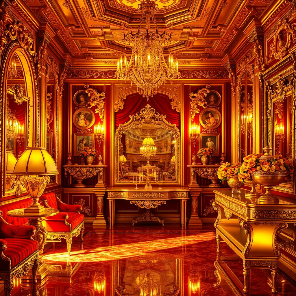 A stunning, luxurious scene where every element that was originally red has been beautifully replaced with a rich gold color