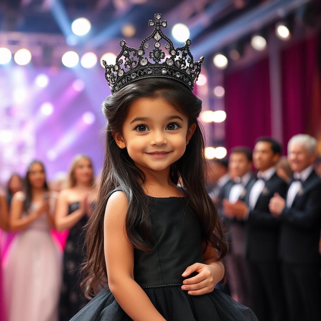 A small princess with very fair skin, long black hair, and black eyes, elegantly dressed in a beautiful black gown