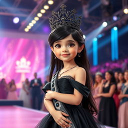 A small princess with very fair skin, long black hair, and black eyes, elegantly dressed in a beautiful black gown