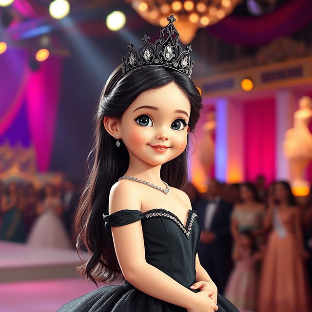 A small princess with very fair skin, long black hair, and black eyes, elegantly dressed in a beautiful black gown