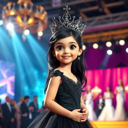 A small princess with very fair skin, long black hair, and black eyes, elegantly dressed in a beautiful black gown