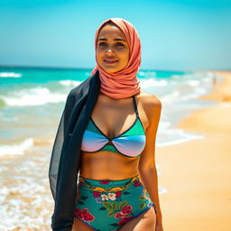 A beautiful woman wearing a stylish hijab, enjoying a sunny day at the beach