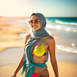 A beautiful woman wearing a stylish hijab, enjoying a sunny day at the beach