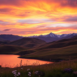 A breathtaking landscape featuring rolling hills under a vibrant sunset