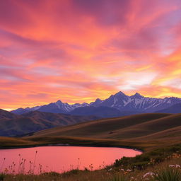 A breathtaking landscape featuring rolling hills under a vibrant sunset