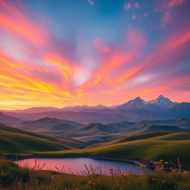 A breathtaking landscape featuring rolling hills under a vibrant sunset