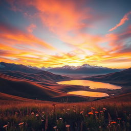 A breathtaking landscape featuring rolling hills under a vibrant sunset