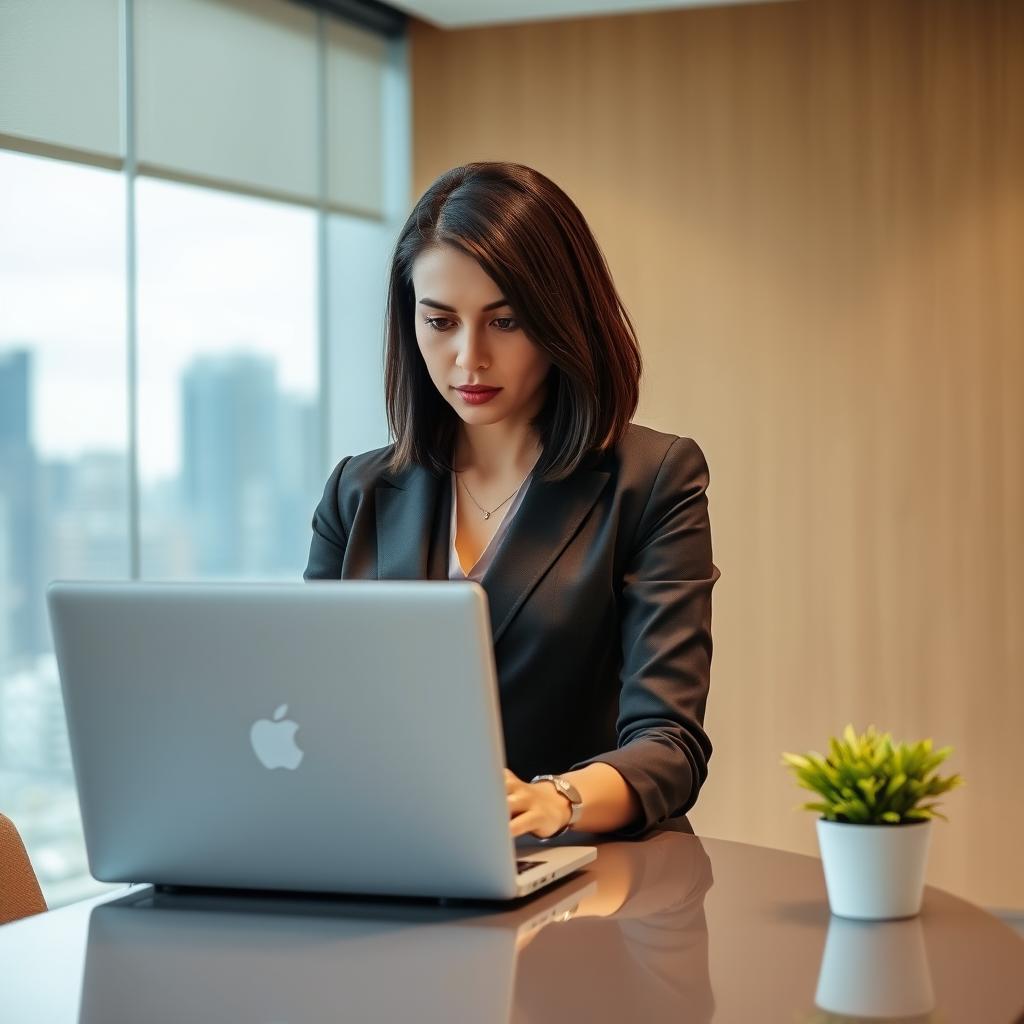 A 27-year-old woman with shoulder-length dark hair, wearing business casual attire, standing behind a sleek modern desk