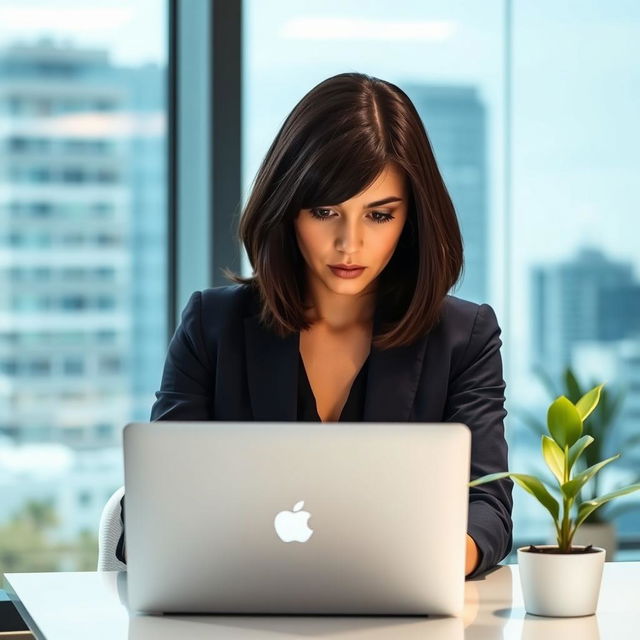 A 27-year-old woman with shoulder-length dark hair, wearing business casual attire, standing behind a sleek modern desk