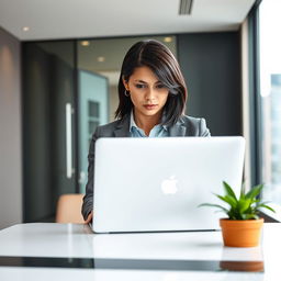 A 27-year-old woman with shoulder-length dark hair, wearing business casual attire, standing behind a sleek modern desk