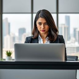 A 27-year-old woman with shoulder-length dark hair, wearing business casual attire, standing behind a sleek modern desk