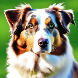 This is a high-quality digital art image of an Australian Shepherd dog with one blue eye and one green eye