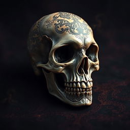 A highly detailed, artistic representation of a skull, featuring intricate patterns and textures