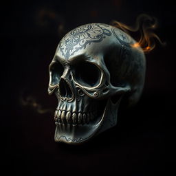 A highly detailed, artistic representation of a skull, featuring intricate patterns and textures