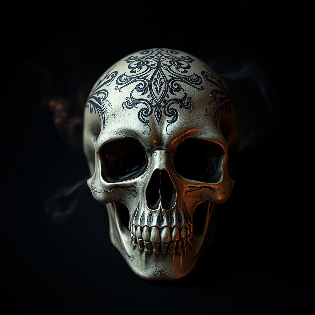 A highly detailed, artistic representation of a skull, featuring intricate patterns and textures