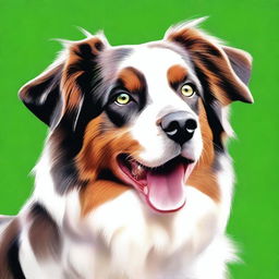 This is a high-quality digital art image of an Australian Shepherd dog with one blue eye and one green eye