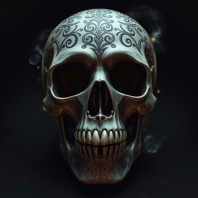 A highly detailed, artistic representation of a skull, featuring intricate patterns and textures