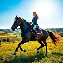 A captivating scene of a majestic rider mounted on a magnificent horse, galloping through an open field under a bright blue sky
