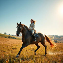 A captivating scene of a majestic rider mounted on a magnificent horse, galloping through an open field under a bright blue sky