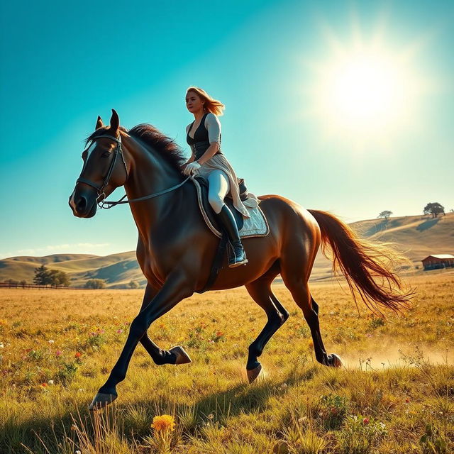 A captivating scene of a majestic rider mounted on a magnificent horse, galloping through an open field under a bright blue sky