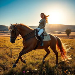 A captivating scene of a majestic rider mounted on a magnificent horse, galloping through an open field under a bright blue sky